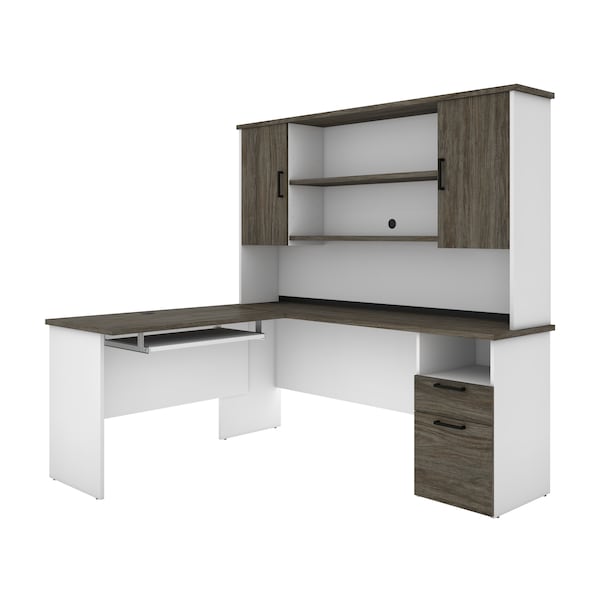 Norma L-Shaped Desk with Hutch, Walnut Grey & White